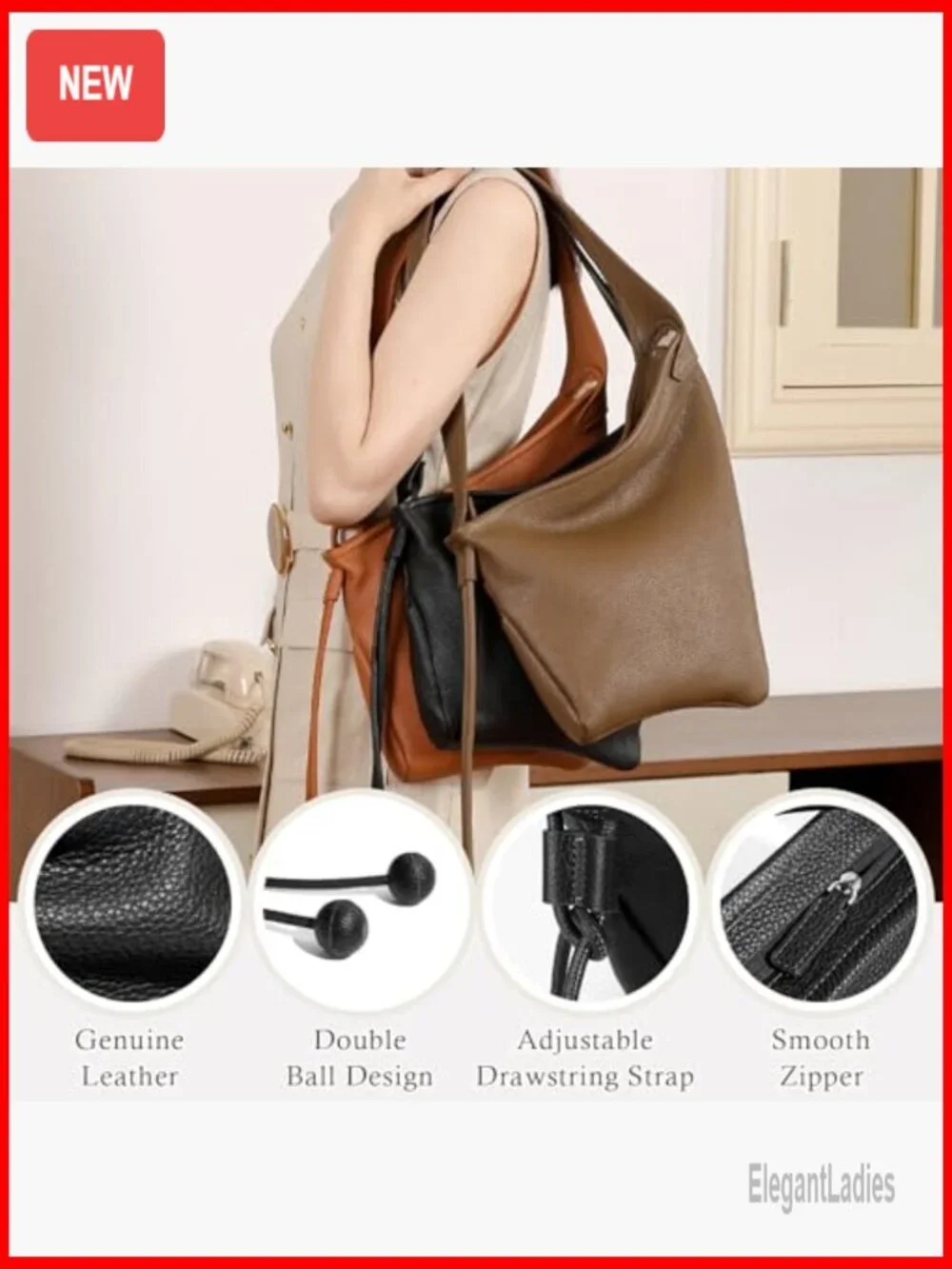 Genuine Leather Hobo Bag Medium Tote Adjustable Strap Crossbody